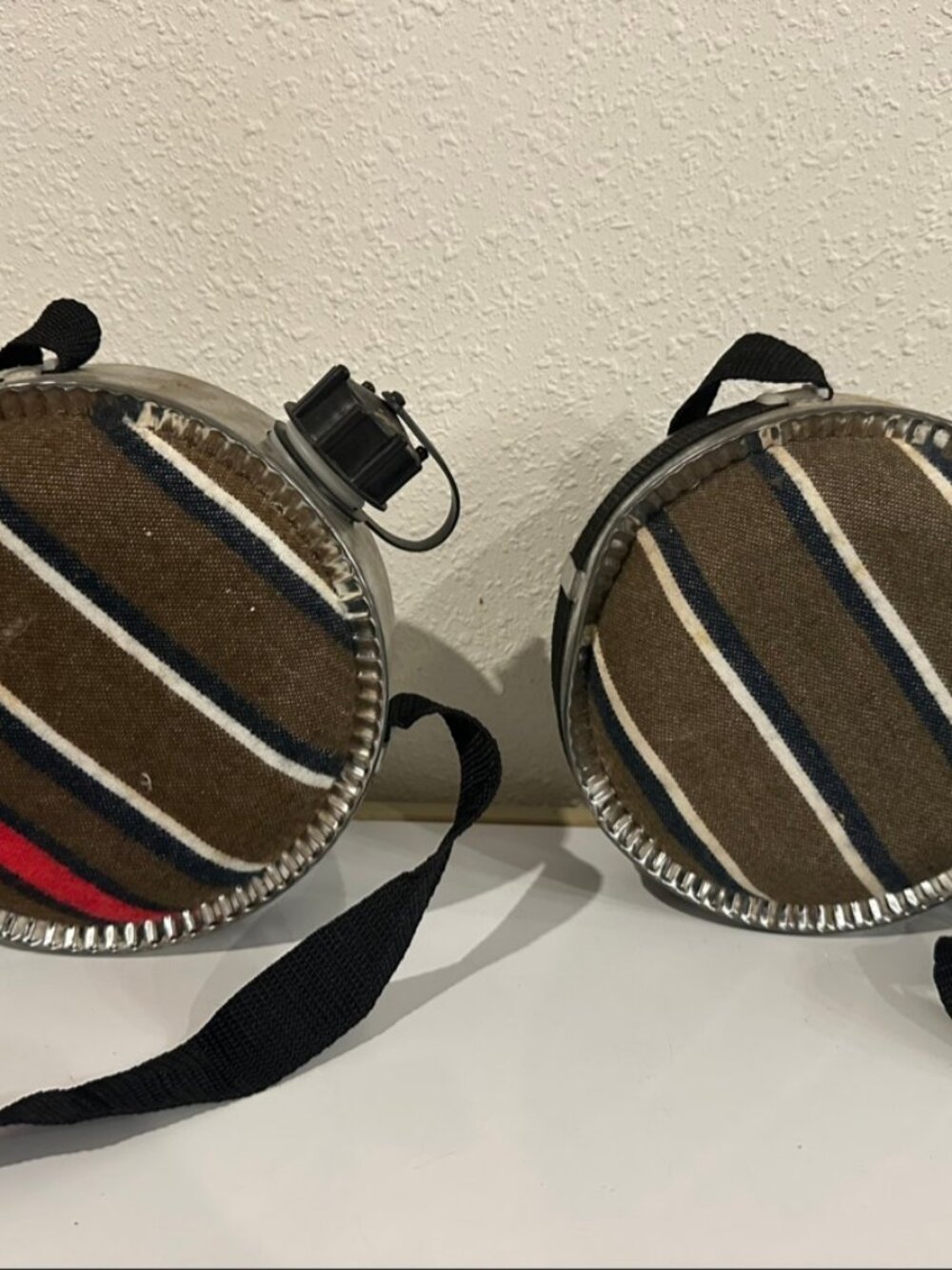 Vintage Striped Wool Aluminum Canteen Pair